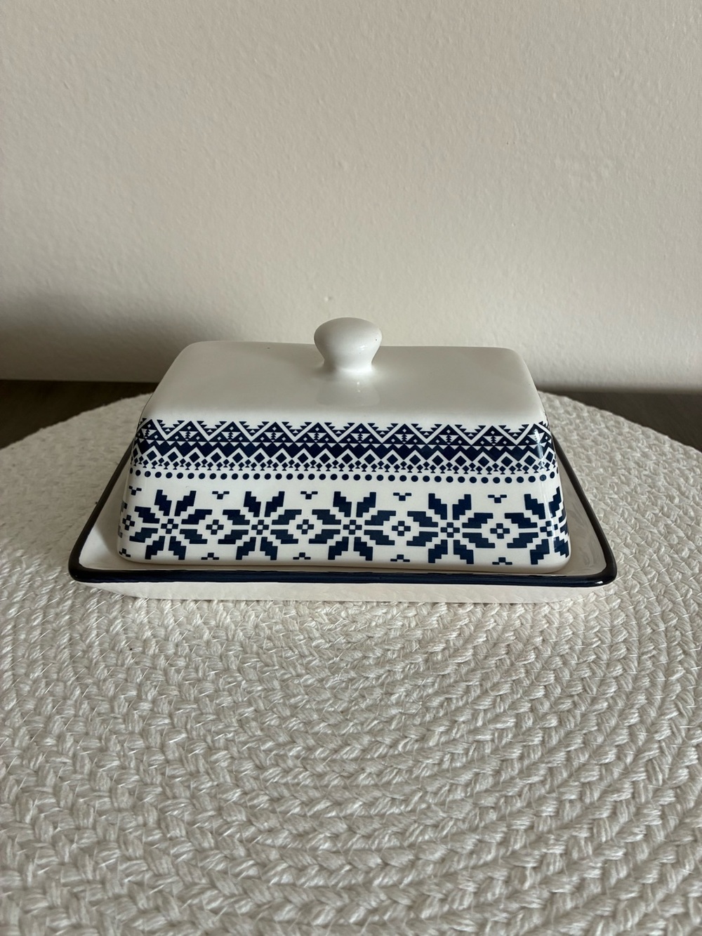 Blue & White Ceramic Butter Dish with Nordic Pattern